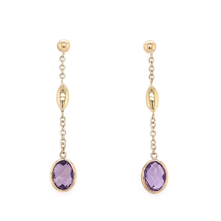 9ct Yellow Gold Oval Amethyst Drop Earrings