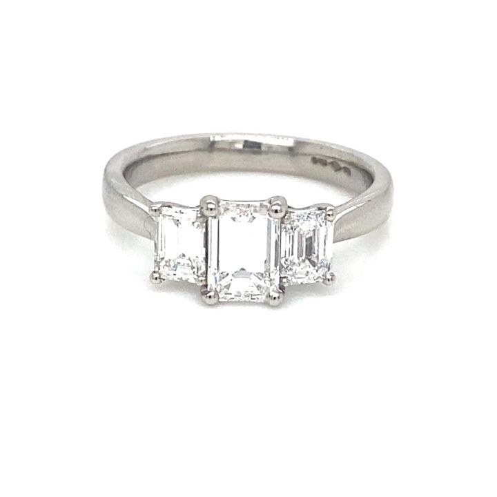 Platinum Three Stone Emerald Cut Diamond Ring