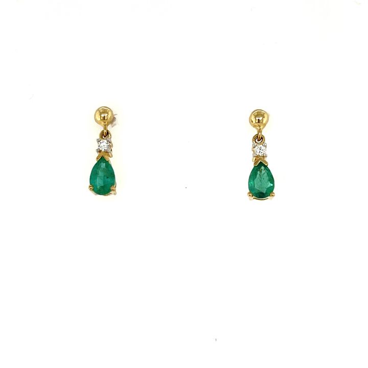 9ct Yellow Gold Pear Shaped Emerald & Diamond Drop Earrings
