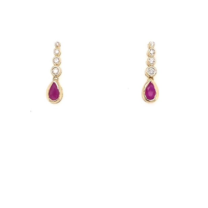 9ct Yellow Gold Pear Shaped Ruby & Diamond Drop Earrings