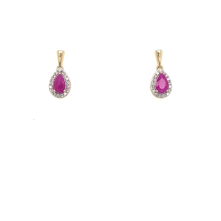 9ct Yellow Gold Pear Shaped Ruby & Diamond Cluster Drop Earrings
