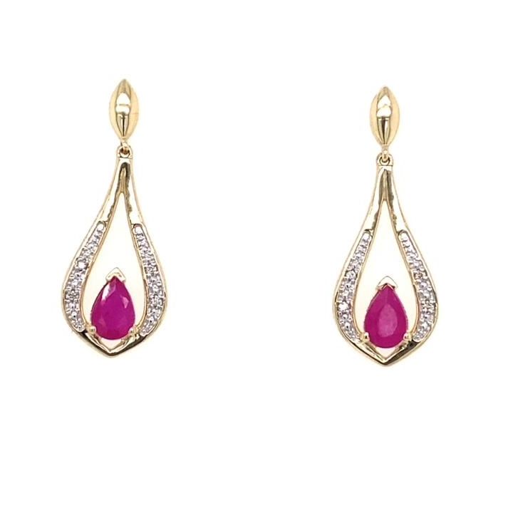 9ct Yellow Gold Pear Shaped Ruby & Diamond Drop Earrings