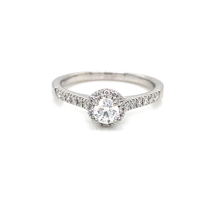 Platinum Round Brilliant Cut Diamond Halo Ring Diamond Set Shoulders