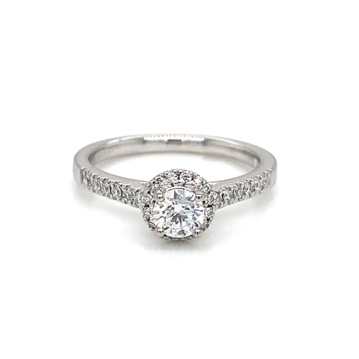 Platinum Round Brilliant Cut Diamond Ring with Diamond Set Shoulders