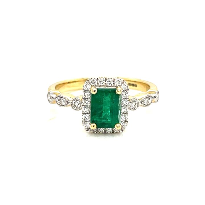 18ct Yellow Gold Emerald & Diamond Cluster with Fancy Shoulders