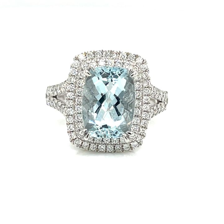 Platinum Large Aquamarine & Diamond Double Halo Cluster Ring