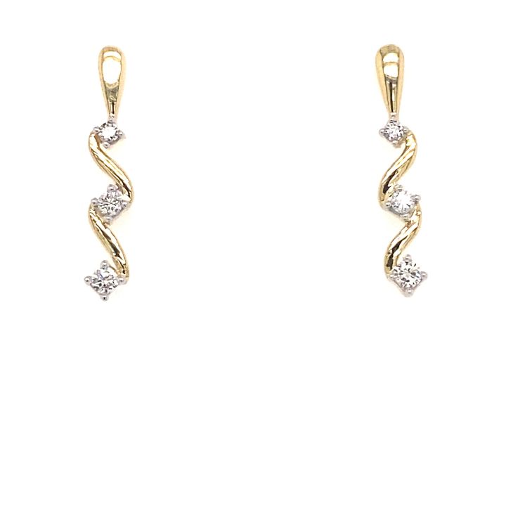 9ct Yellow Gold Three Stone Diamond Wavy Drop Earrings