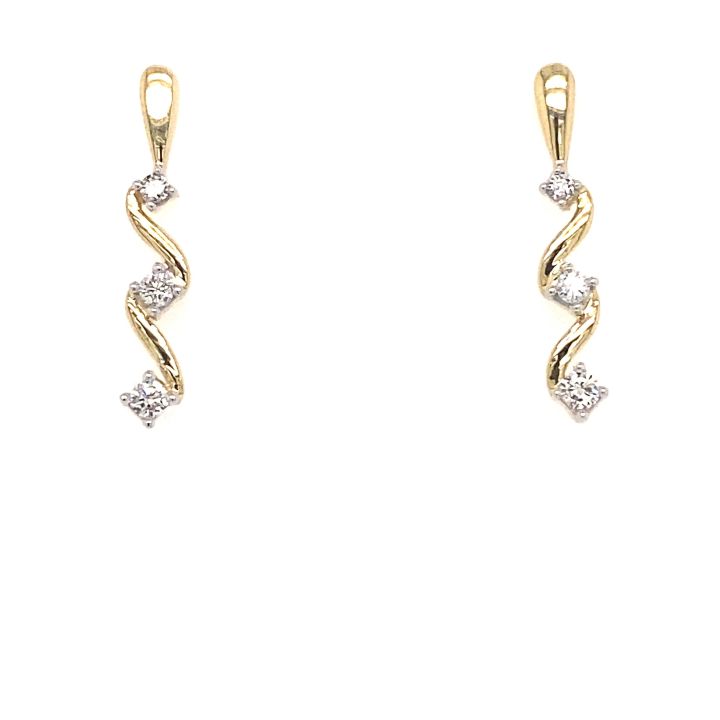 9ct Yellow Gold Three Stone Diamond Wavy Drop Earrings