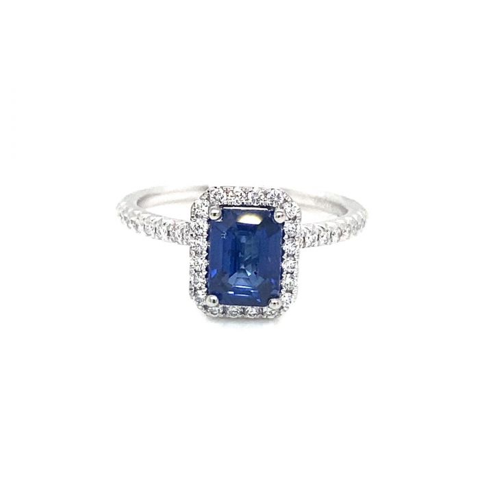 Platinum Rectangular Ceylon Sapphire & Diamond Halo Ring