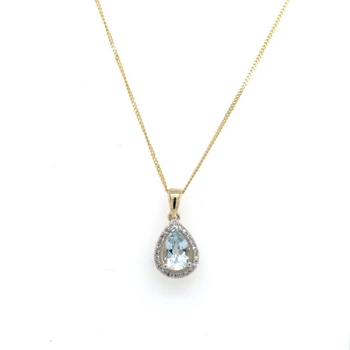 9ct Yellow Gold Pear Shaped Aquamarine & Diamond Pendant