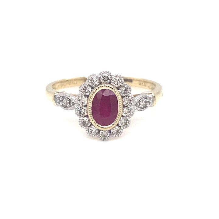 9ct Yellow Gold Oval Ruby & Diamond Vintage Style Cluster