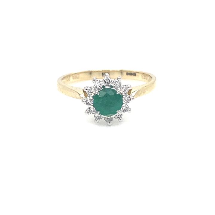 9ct Yellow Gold Round Emerald & Diamond Cluster Ring