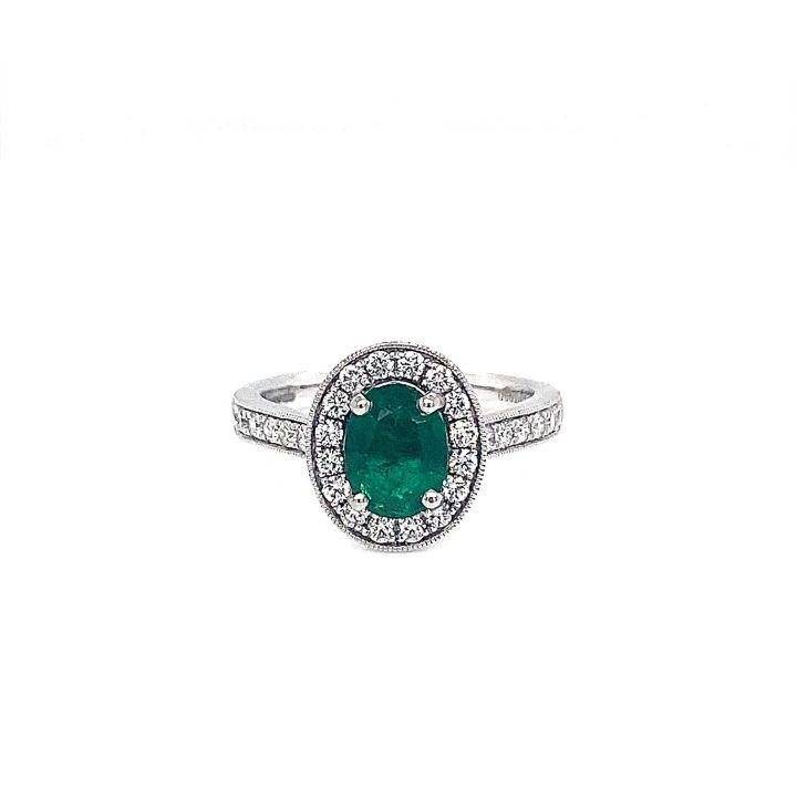 Platinum Oval Emerald & Diamond Cluster Ring