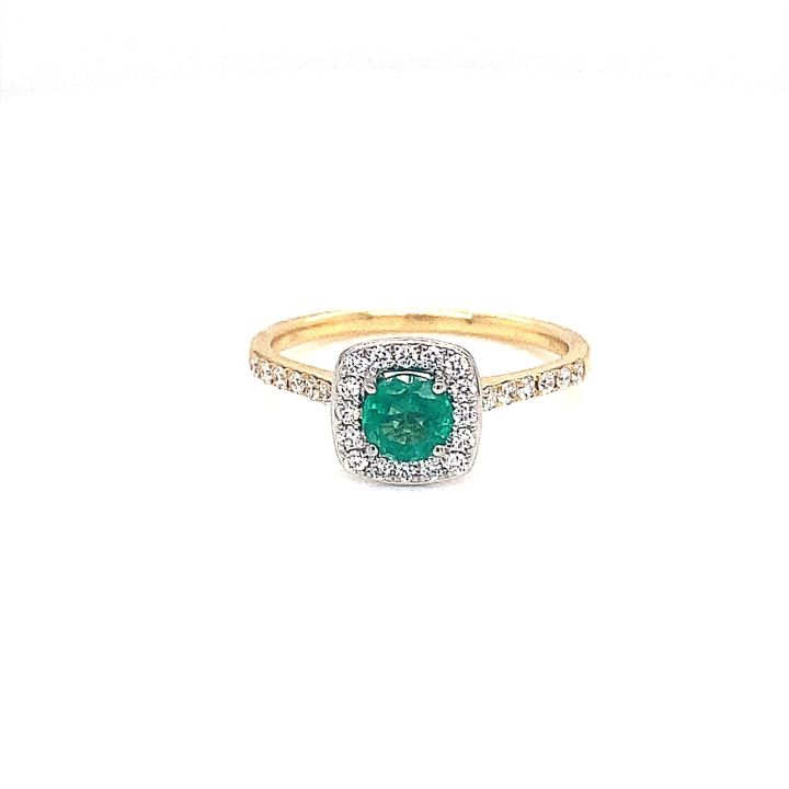 18ct Yellow Gold & Platinum Emerald & Diamond Halo Cluster Ring