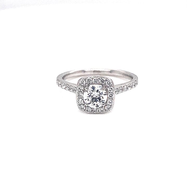 Platinum Round Brilliant Cut Diamond Cushion Shaped Halo Ring