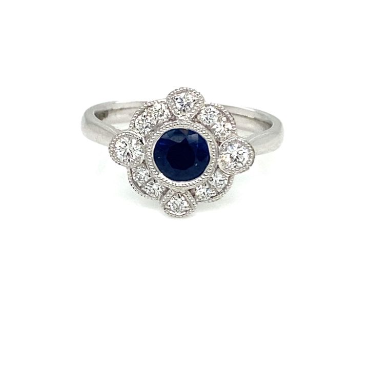 Platinum Round Sapphire & Diamond Vintage Style Cluster Ring