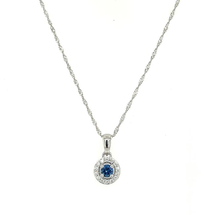 9ct White Gold Round Sapphire & Diamond Halo Pendant