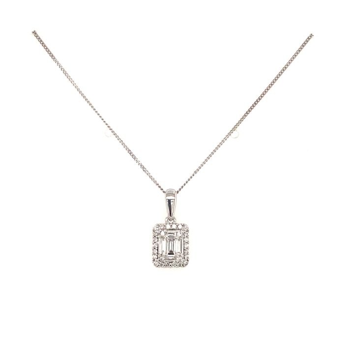 9ct White Gold Emerald Cut Diamond Halo Pendant