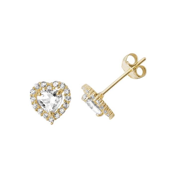 9ct Yellow Gold Cubic Zirconia Heart Halo Stud Earrings