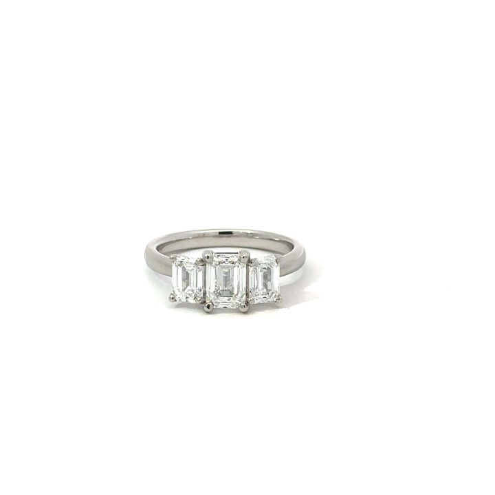 Platinum 2.10ct Lab Grown Three Stone Emerald Cut Diamond Ring