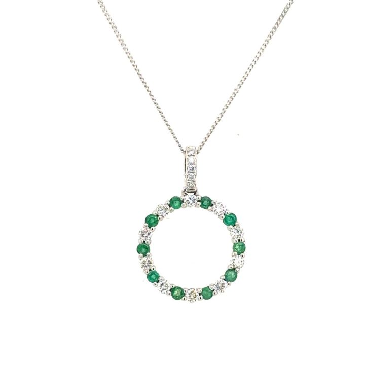 9ct White Gold Emerald & Diamond Circle Pendant