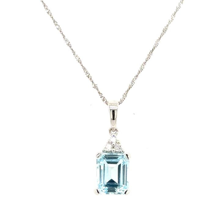 9ct White Gold Blue Topaz & Diamond Pendant