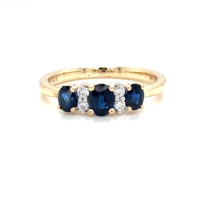 9ct Yellow Gold Three Sapphire & Four Diamond Ring