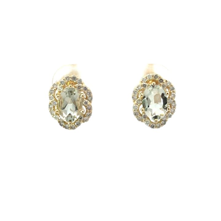 9ct Yellow Gold Green Amethyst & Diamond Stud Earrings