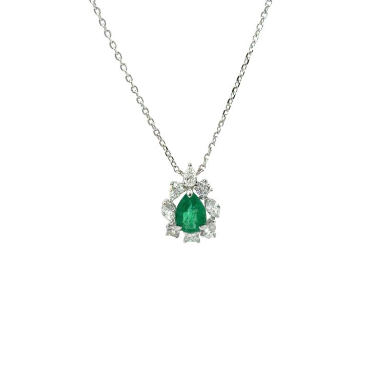 18ct White Gold Pear Shaped Emerald & Diamond Fancy Cluster Pendant