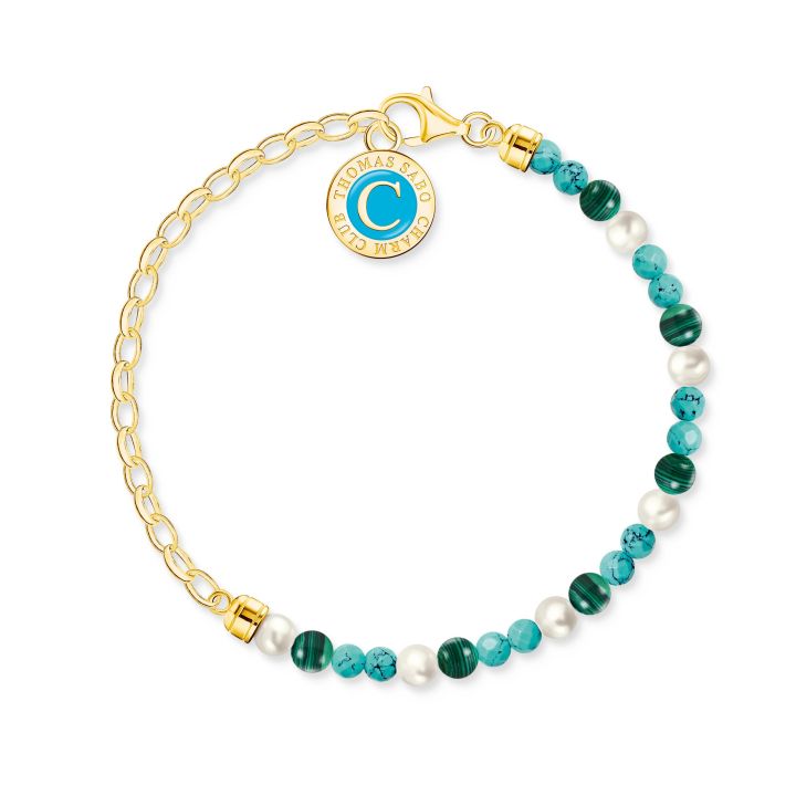 Thomas Sabo Green Blue and White Beaded Gold Plated Charm Bracelet 17cm