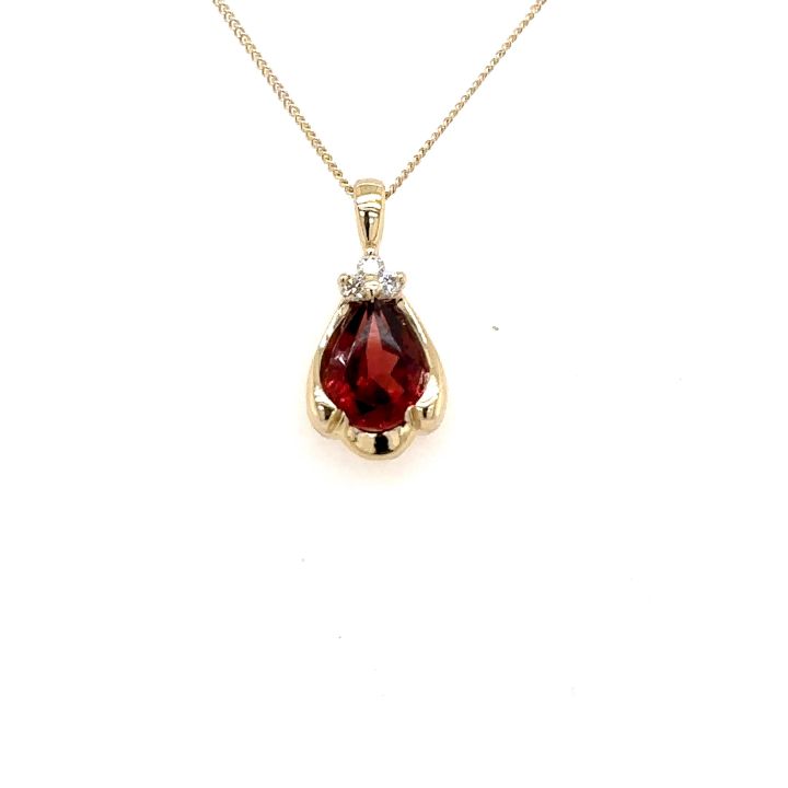 9ct Yellow Gold Pear Shaped Garnet & Diamond Pendant