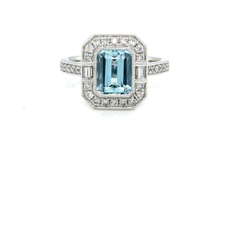 Platinum Octagon Aquamarine & Diamond Cluster Ring