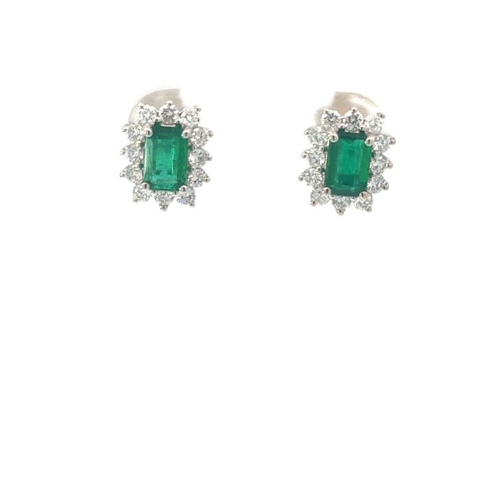18ct White Gold Octagon Emerald & Diamond Cluster Stud Earrings