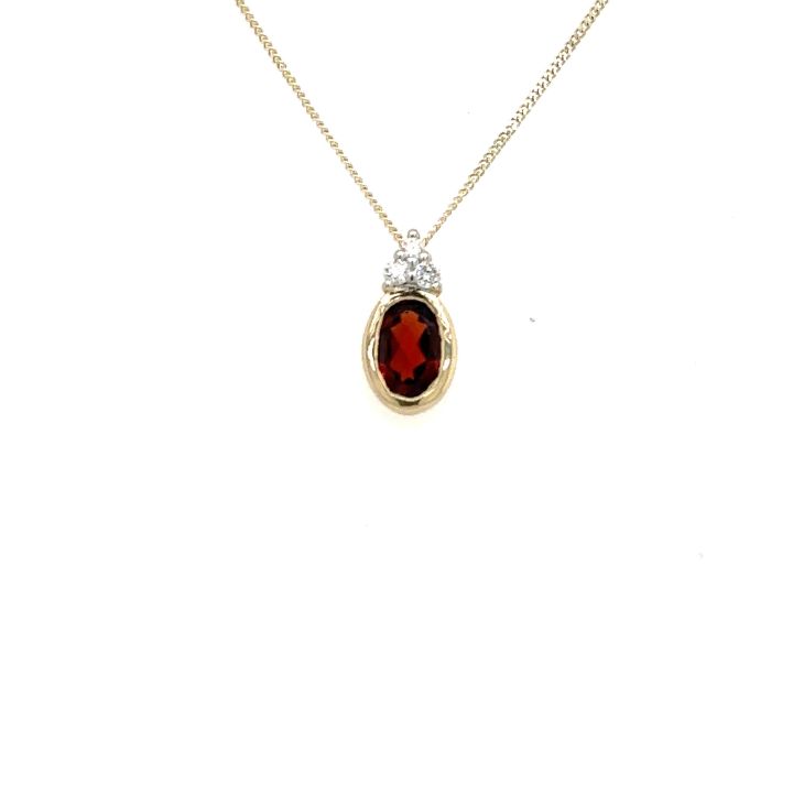 9ct Yellow Gold Oval Garnet & Diamond Pendant