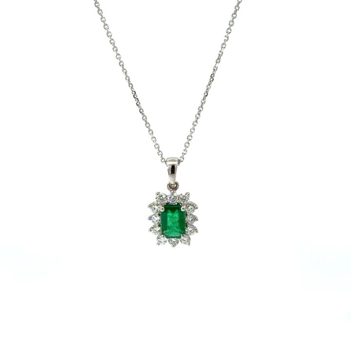 18ct White Gold Octagon Emerald & Diamond Cluster Pendant