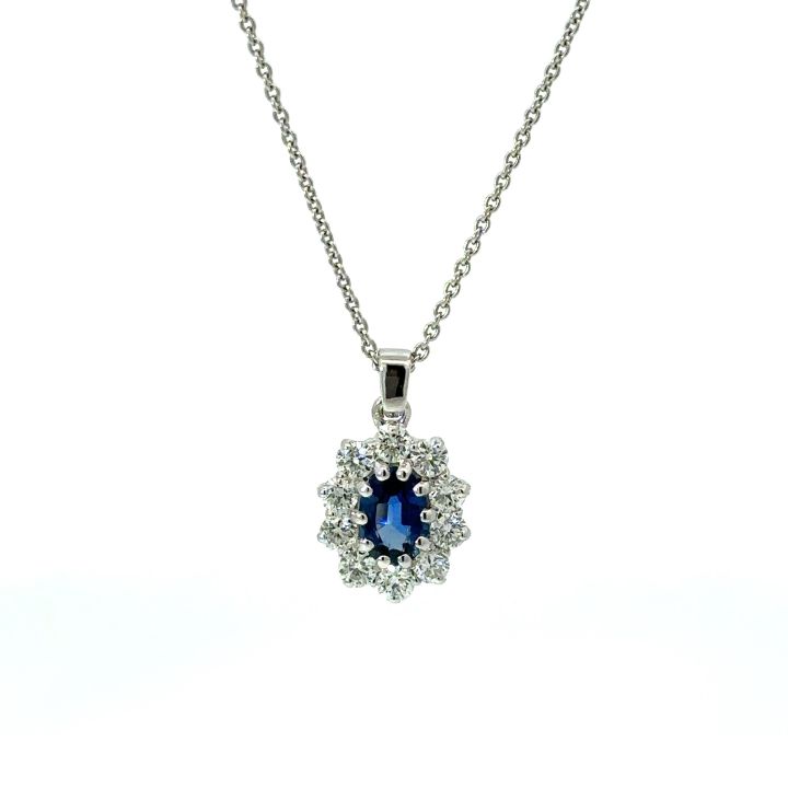 18ct White Gold Oval Blue Sapphire & Diamond Cluster Pendant