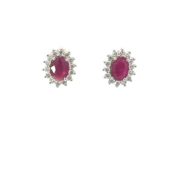 18ct Yellow Gold Oval Ruby & Diamond Cluster Stud Earrings
