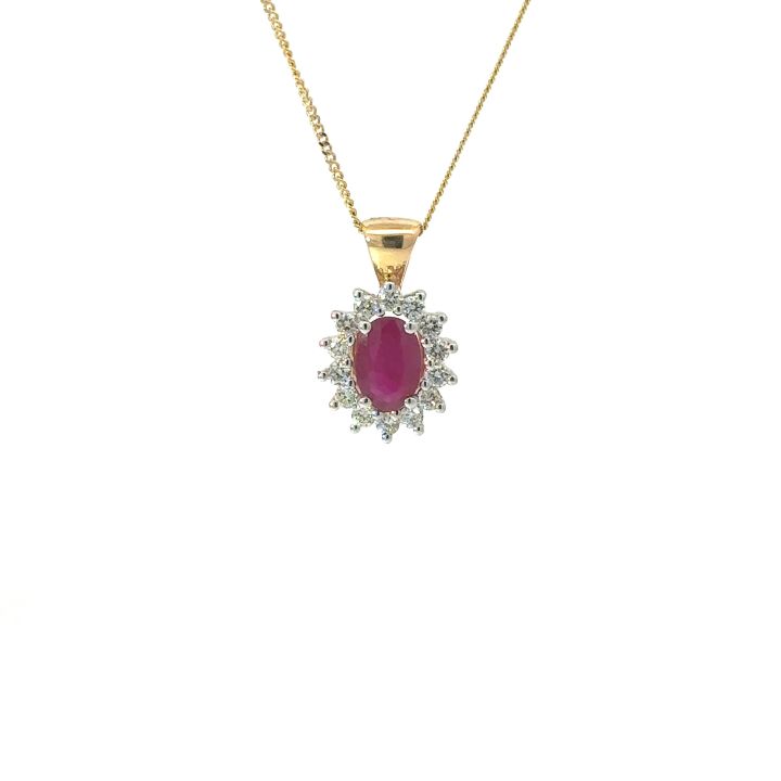 18ct Yellow Gold Oval Ruby & Diamond Cluster Pendant