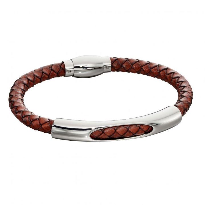 Fred Bennett Woven Brown Leather & Stainless Steel Bracelet