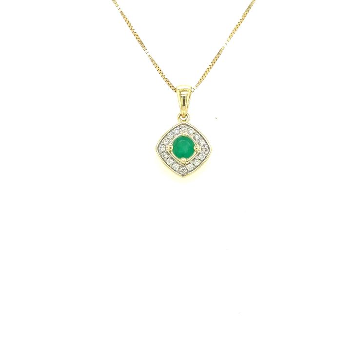 9ct Yellow Gold Cushion Shaped Emerald & Diamond Pendant