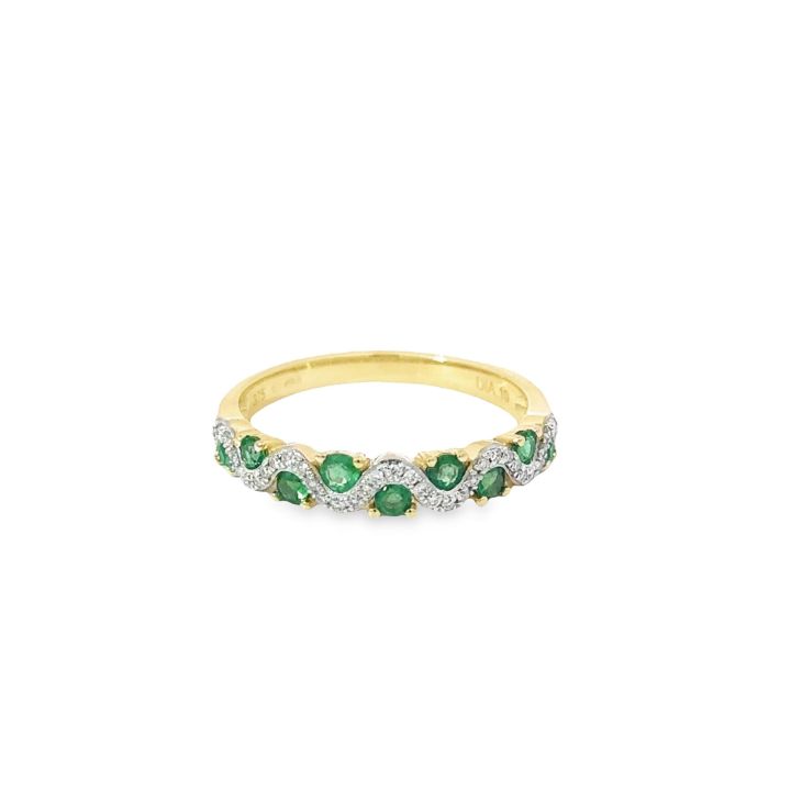 9ct Yellow Gold Wavy Diamond & Emerald Ring