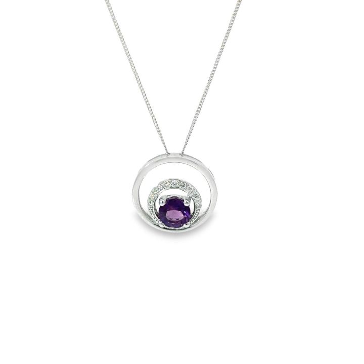 9ct White Gold Round Amethyst & Diamond Pendant