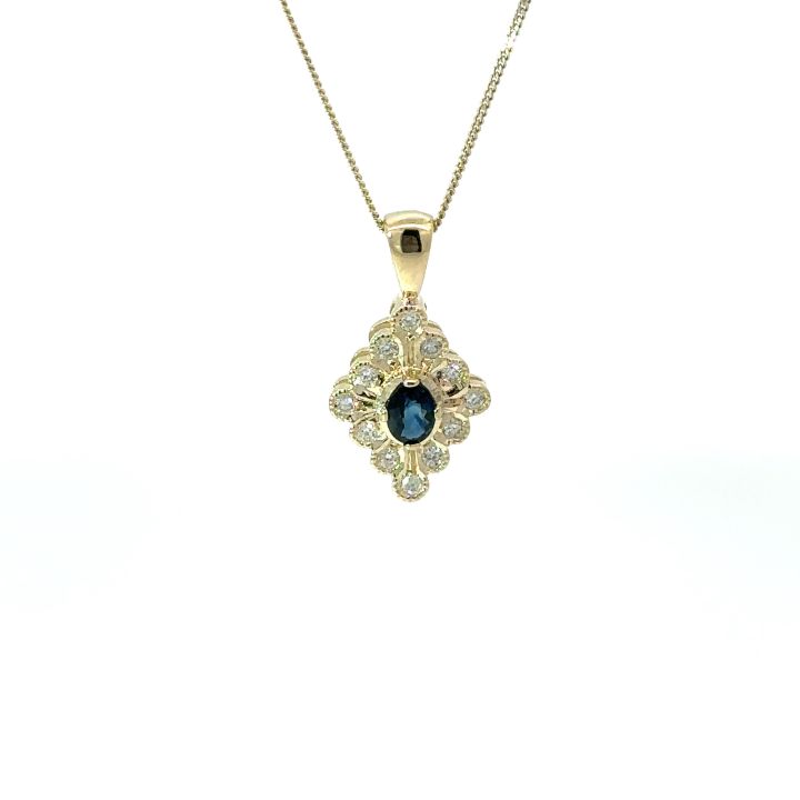 9ct Yellow Gold Marquise Shape Sapphire & Diamond Pendant