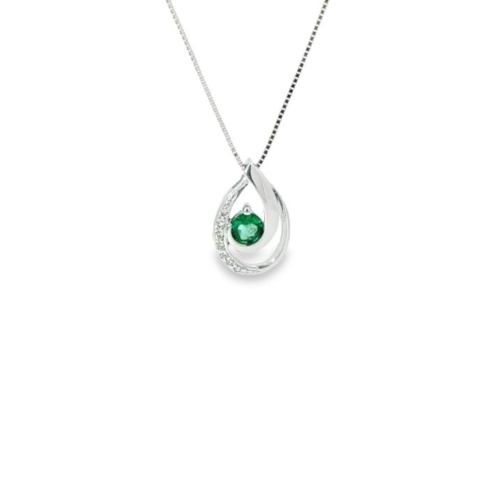 9ct White Gold Emerald & Diamond Open Pear Shaped Pendant