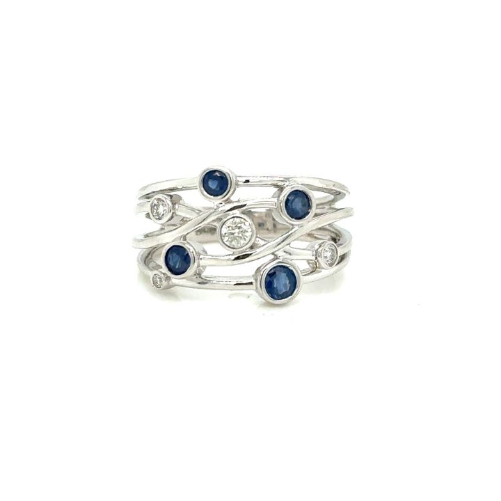 9ct White Gold Five Row Sapphire & Diamond Scatter Ring