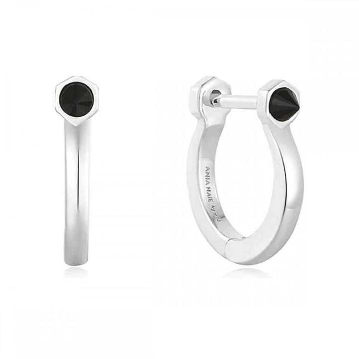 Ania Haie Black Agate Silver Huggie Hoop Earrings