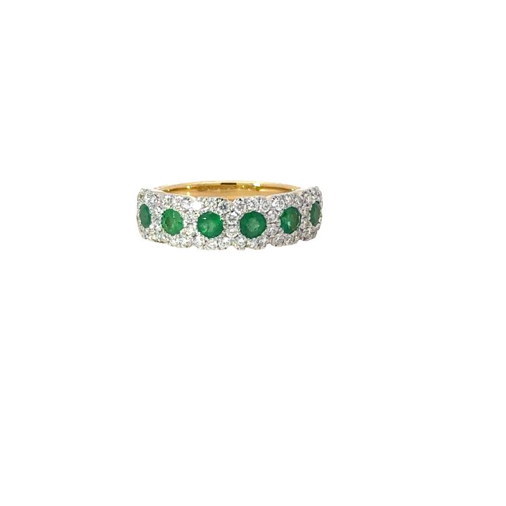18ct Yellow Gold Emerald & Diamond Cluster Half Eternity Ring