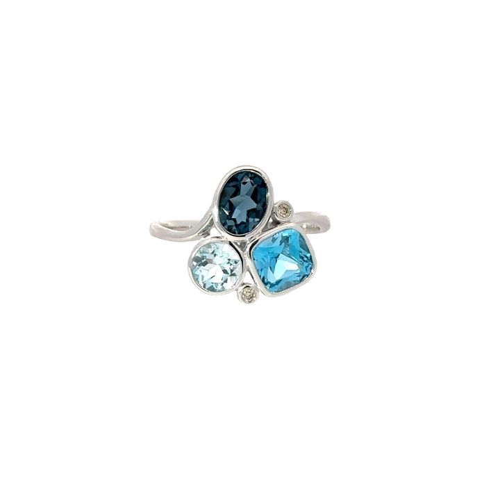 9ct White Gold Fancy Blue Topaz & Diamond Abstract Ring