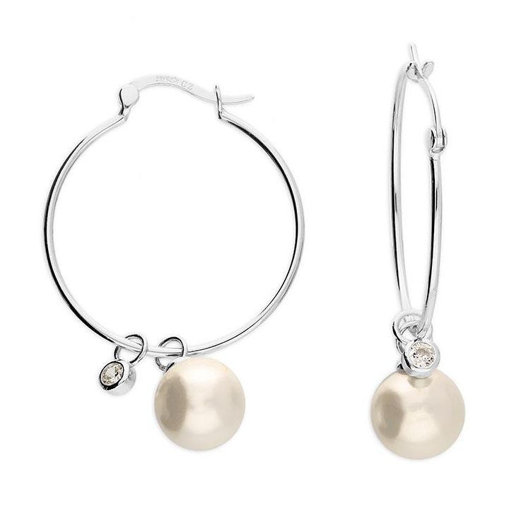 Sterling Silver Shell Pearl & Cubic Zirconia Hoop Earrings