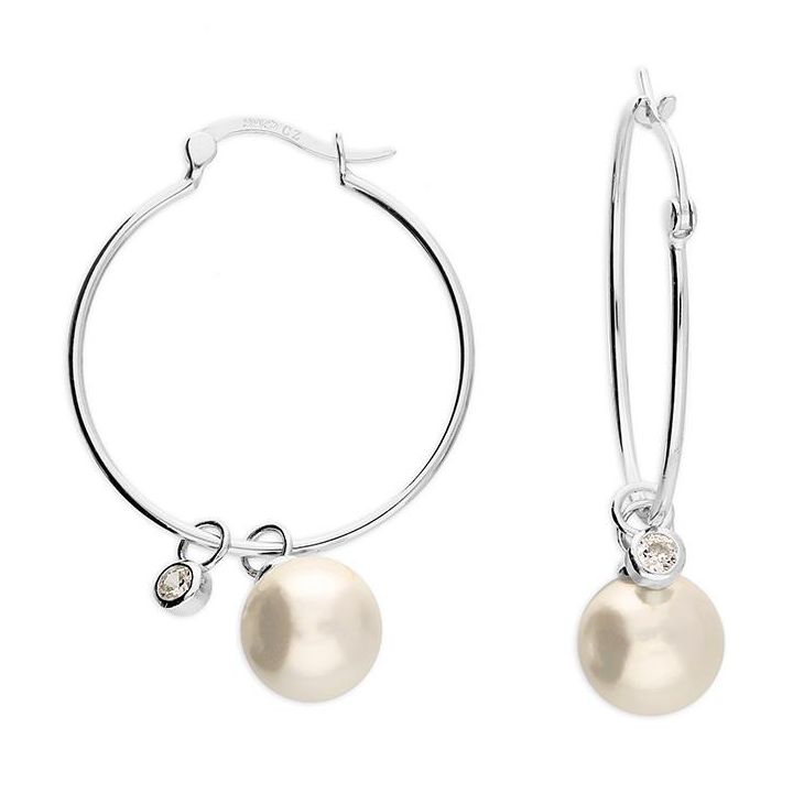 Sterling Silver Shell Pearl & Cubic Zirconia Hoop Earrings